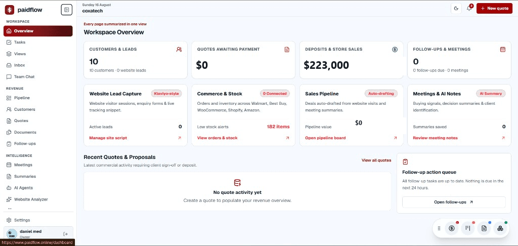 Paidflow workspace overview showing customers, store sales, pipeline, and meetings